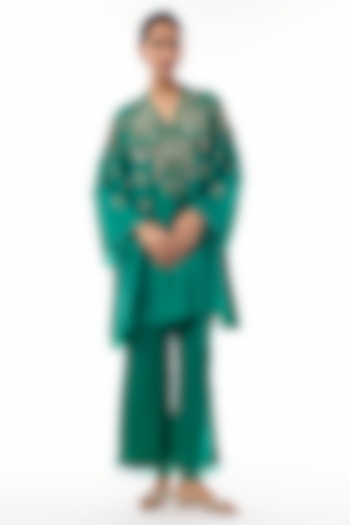 Emerald Green Silk Floral Hand Embroidered Co-Ord Set by One not two at Pernia's Pop Up Shop