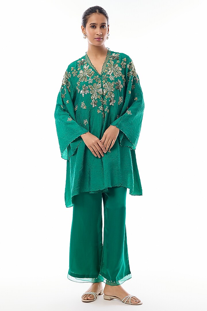 Emerald Green Silk Floral Hand Embroidered Co-Ord Set by One not two at Pernia's Pop Up Shop