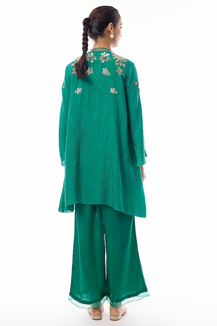 Emerald Green Silk Floral Hand Embroidered Co-Ord Set by One not two at Pernia's Pop Up Shop