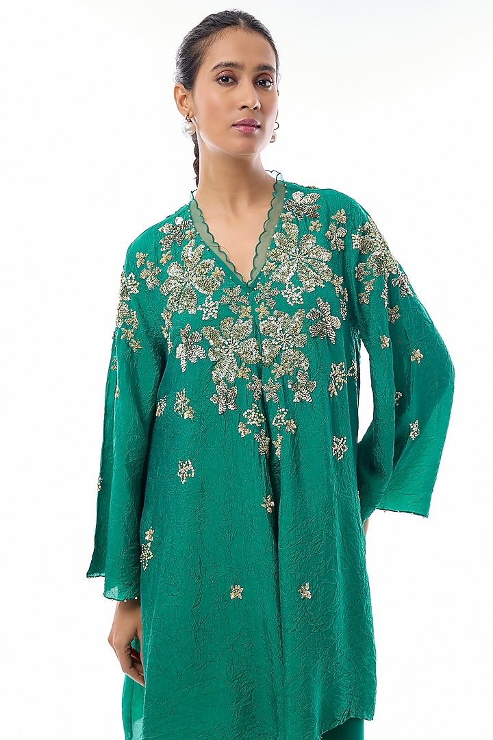 Emerald Green Silk Floral Hand Embroidered Co-Ord Set by One not two at Pernia's Pop Up Shop