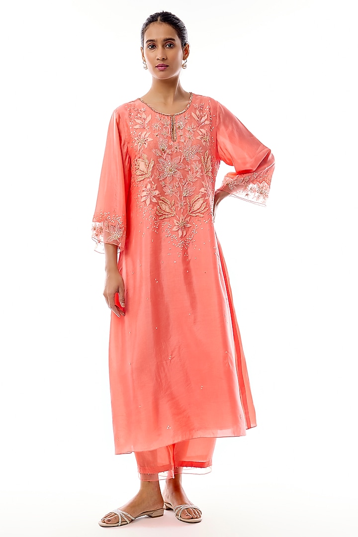 Coral Silk Floral Applique Embroidered Kurta Set by One not two at Pernia's Pop Up Shop
