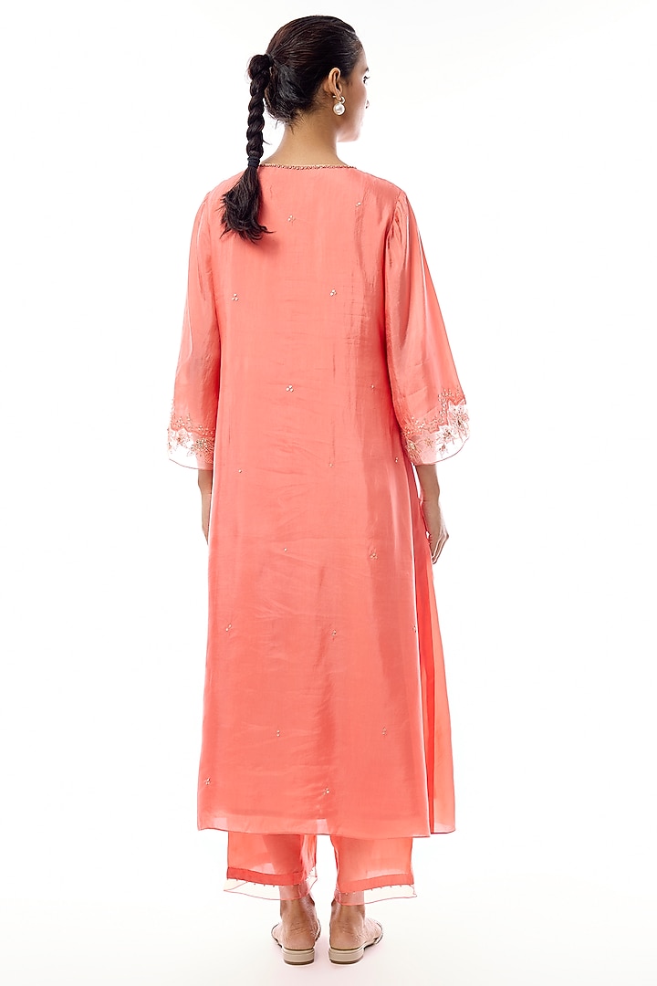 Coral Silk Floral Applique Embroidered Kurta Set by One not two at Pernia's Pop Up Shop