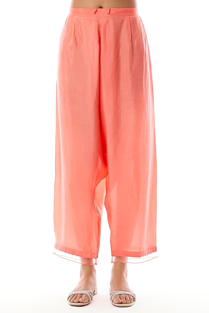 Coral Silk Floral Applique Embroidered Kurta Set by One not two at Pernia's Pop Up Shop