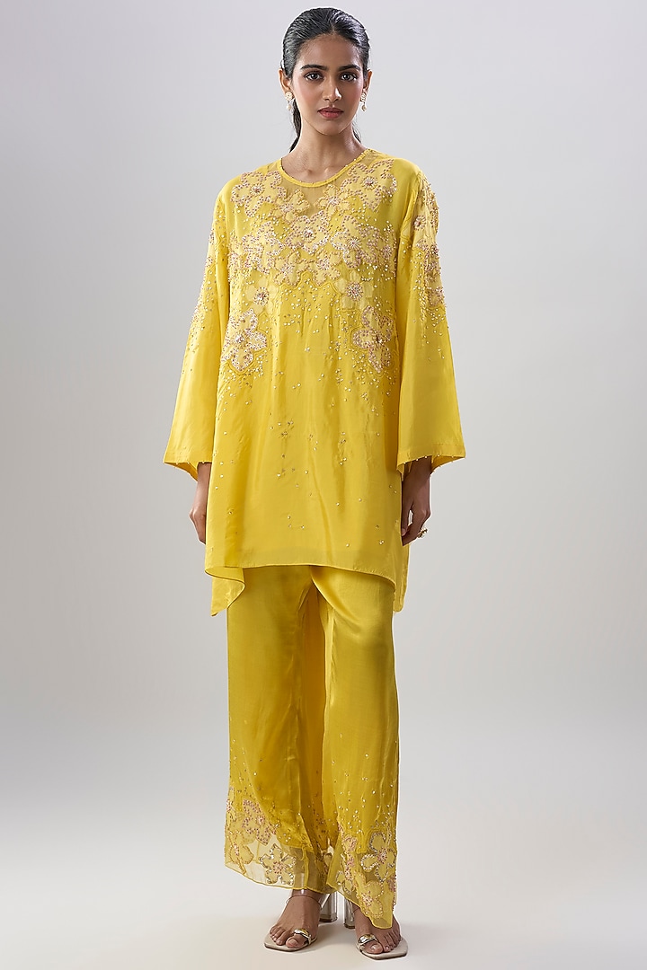 Yellow Silk Applique Embroidered Kurta Set by One not two at Pernia's Pop Up Shop