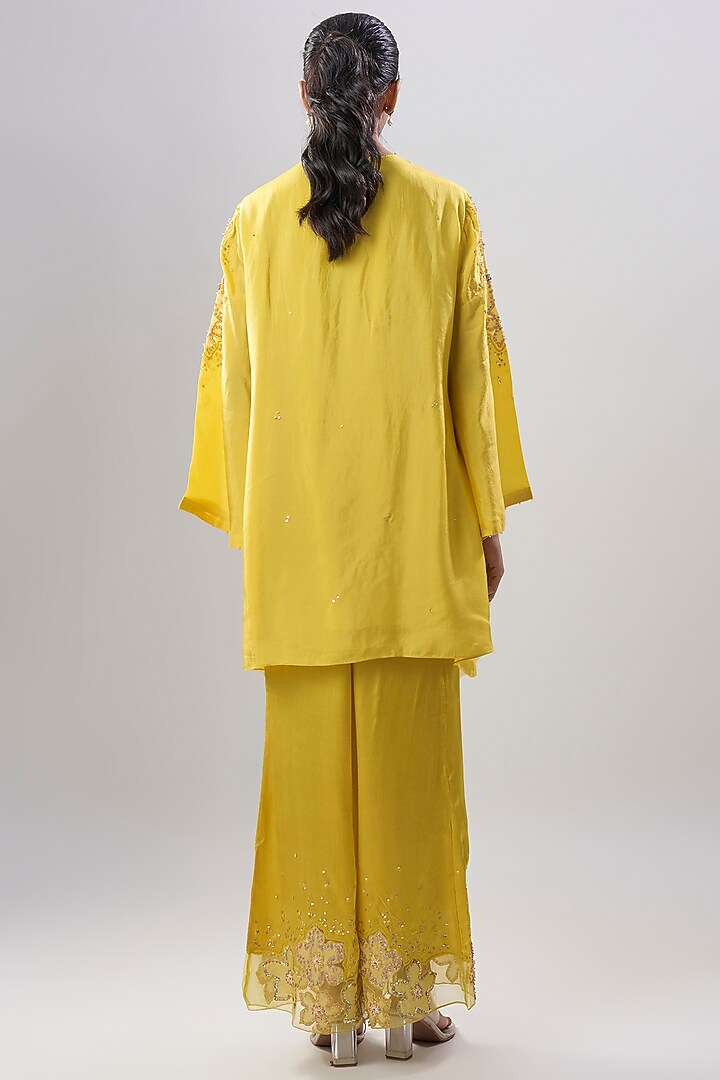 Yellow Silk Applique Embroidered Kurta Set by One not two at Pernia's Pop Up Shop