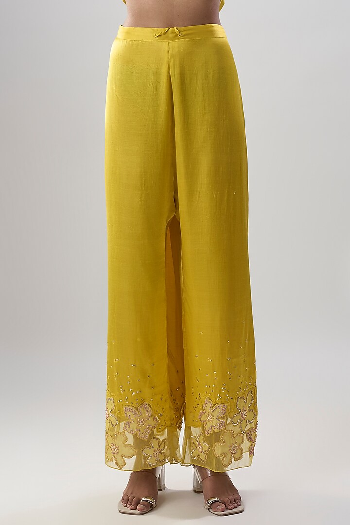 Yellow Silk Applique Embroidered Kurta Set by One not two at Pernia's Pop Up Shop