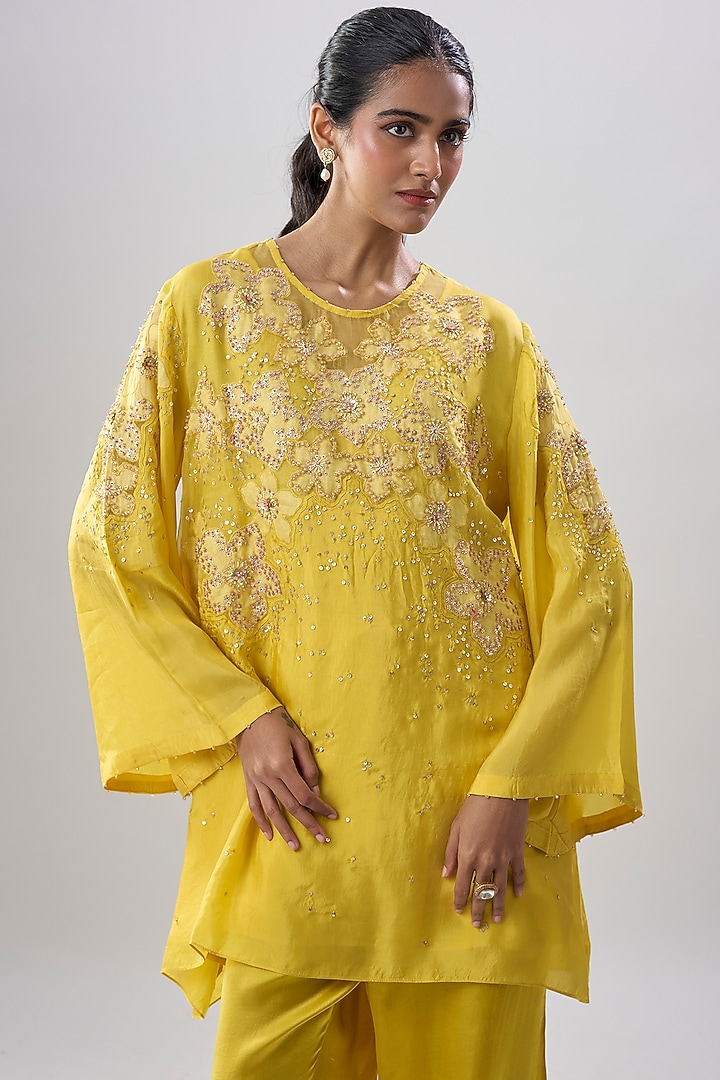 Yellow Silk Applique Embroidered Kurta Set by One not two at Pernia's Pop Up Shop