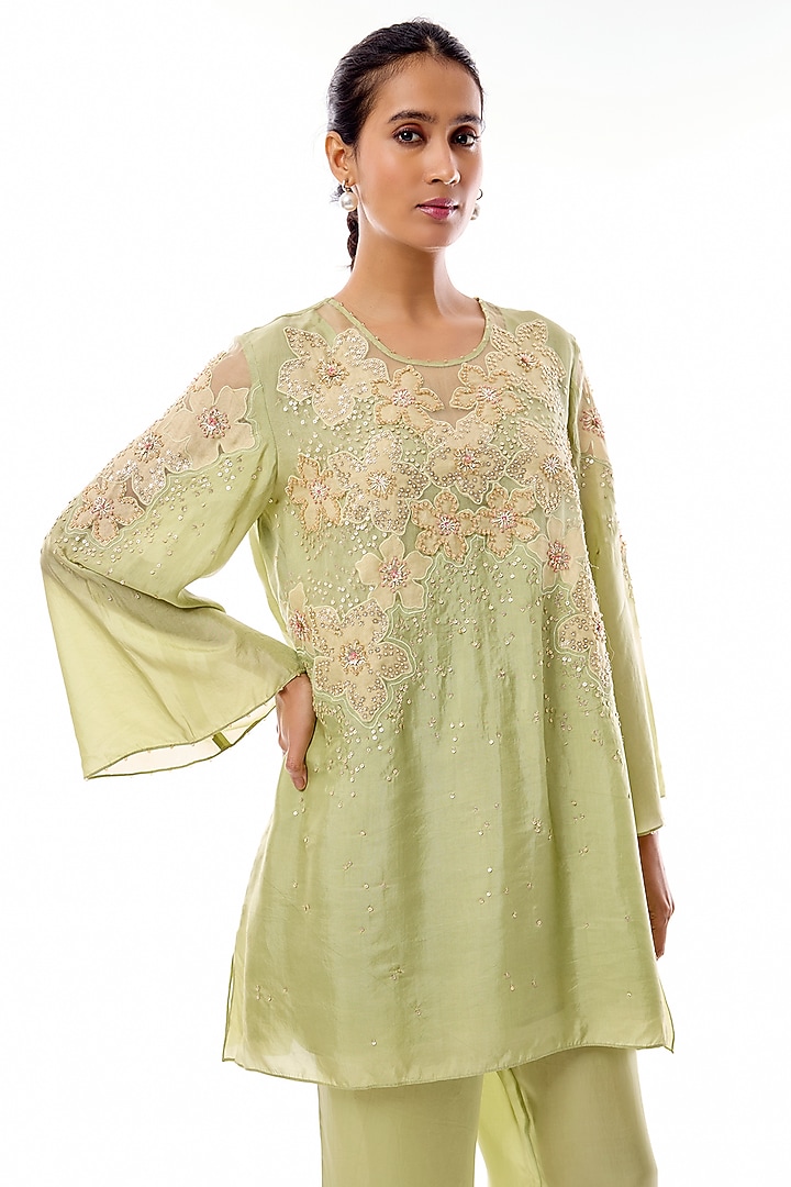 Mist Silk Floral Applique Embroidered Co-Ord Set by One not two at Pernia's Pop Up Shop