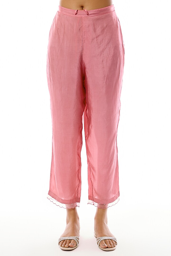 Pink Silk Floral Applique Embroidered Kurta Set by One not two at Pernia's Pop Up Shop