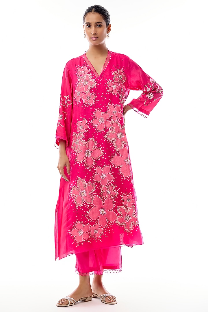 Hot Pink Silk Floral Applique Embroidered Kurta Set by One not two at Pernia's Pop Up Shop