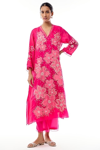 Hot Pink Silk Floral Applique Embroidered Kurta Set by One not two