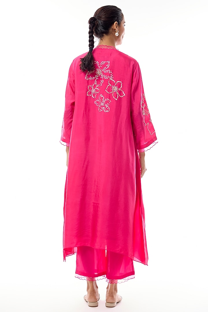 Hot Pink Silk Floral Applique Embroidered Kurta Set by One not two at Pernia's Pop Up Shop