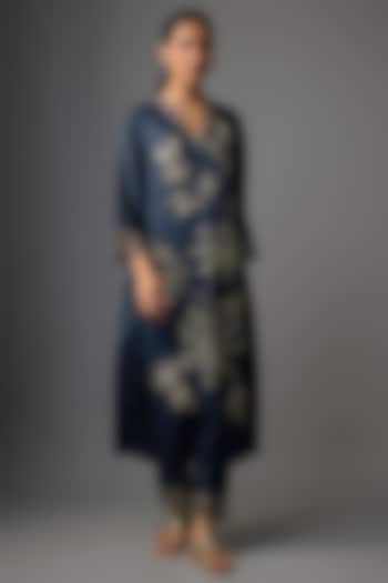 Navy Silk & Organza Floral Embroidered Kurta Set by One not two at Pernia's Pop Up Shop