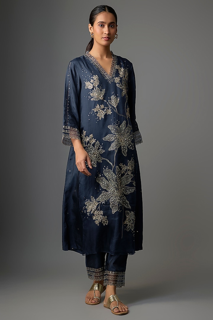 Navy Silk & Organza Floral Embroidered Kurta Set by One not two at Pernia's Pop Up Shop