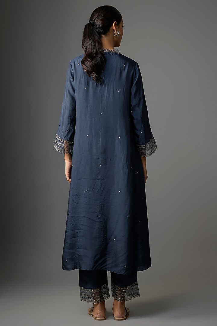 Navy Silk & Organza Floral Embroidered Kurta Set by One not two at Pernia's Pop Up Shop