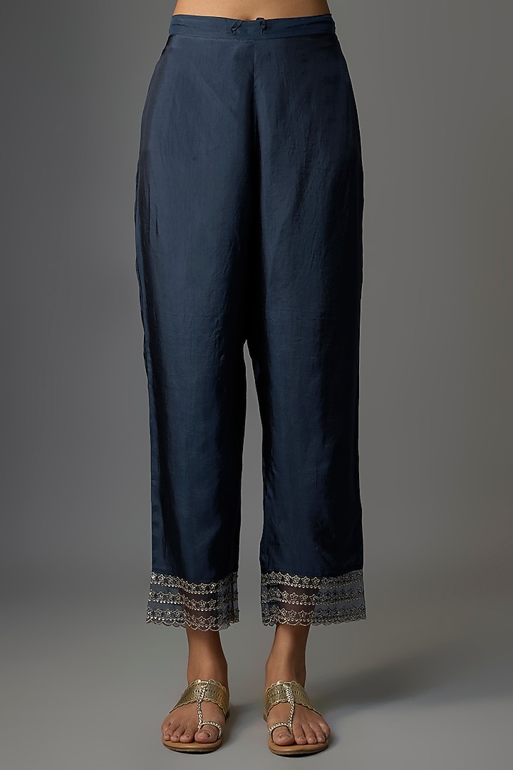 Navy Silk & Organza Floral Embroidered Kurta Set by One not two at Pernia's Pop Up Shop