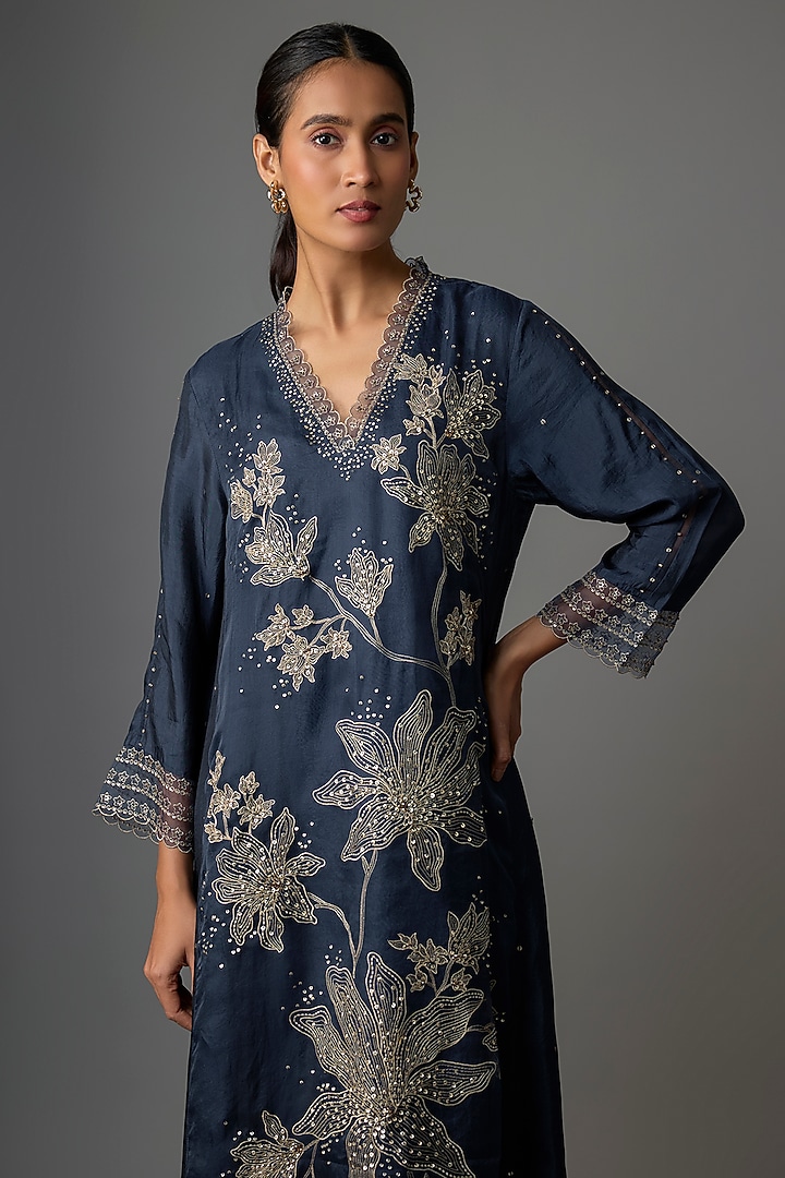 Navy Silk & Organza Floral Embroidered Kurta Set by One not two at Pernia's Pop Up Shop