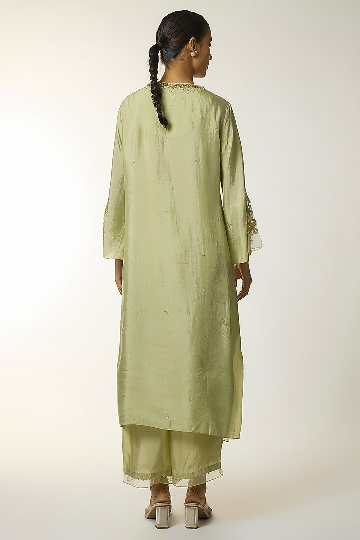Green Silk & Organza Thread Embroidered Kurta Set by One not two at Pernia's Pop Up Shop