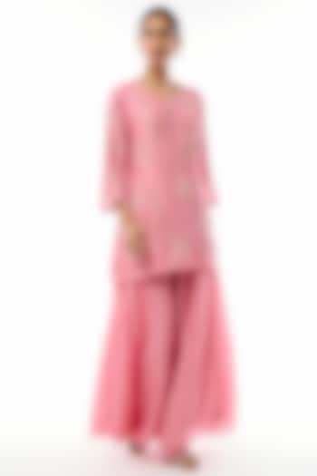 Hot Pink Silk Floral Hand Embroidered Kurta Set by One not two at Pernia's Pop Up Shop