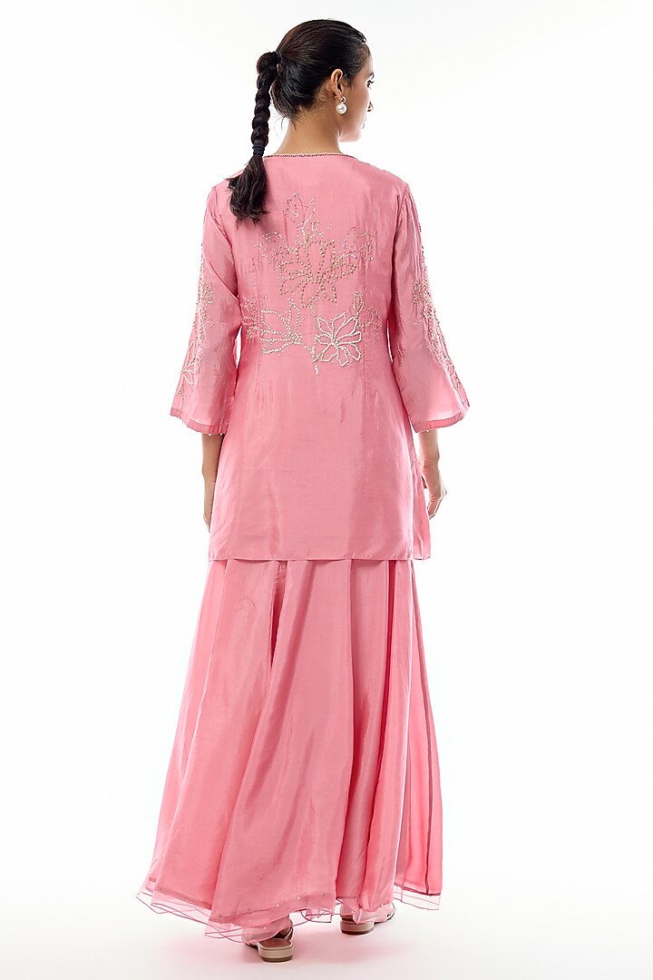 Hot Pink Silk Floral Hand Embroidered Kurta Set by One not two at Pernia's Pop Up Shop