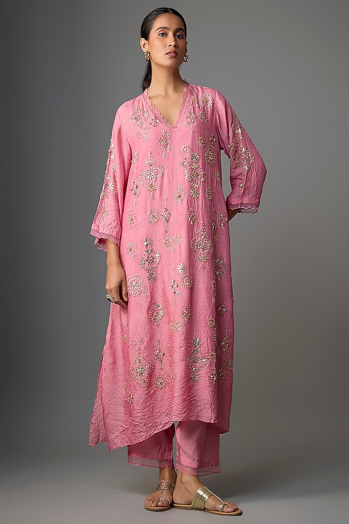 Rose Silk Crystal & Sequins Embroidered Kurta Set by One not two at Pernia's Pop Up Shop