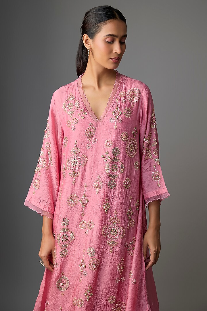 Rose Silk Crystal & Sequins Embroidered Kurta Set by One not two at Pernia's Pop Up Shop
