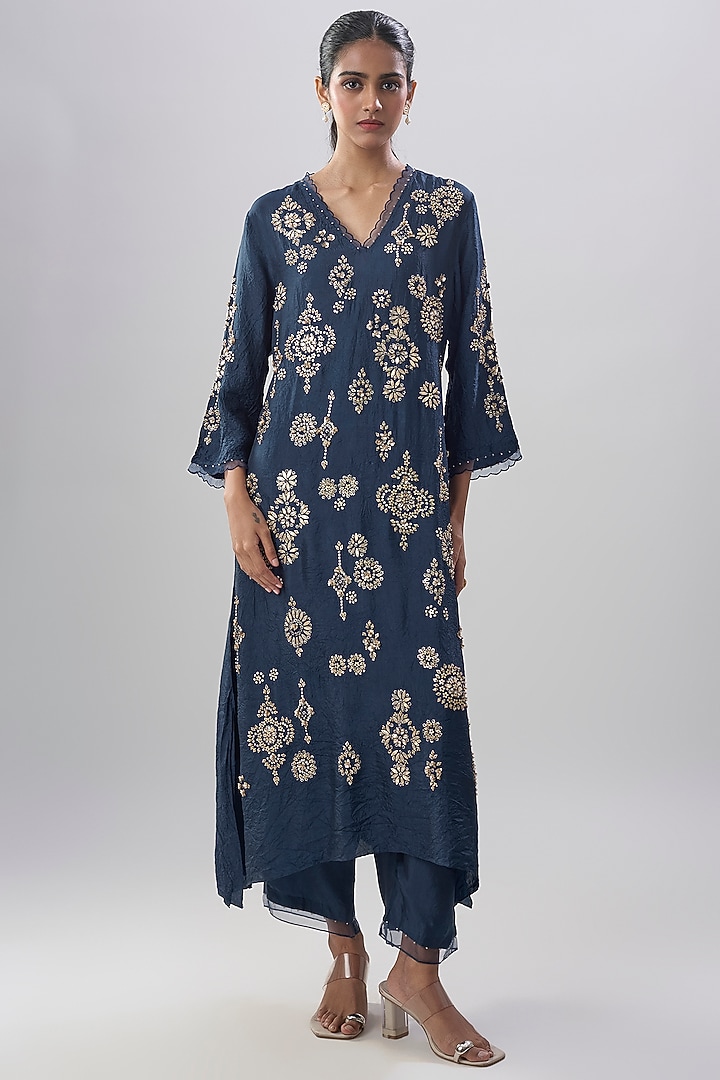 Navy Blue Silk Stone Embroidered Kurta Set by One not two at Pernia's Pop Up Shop
