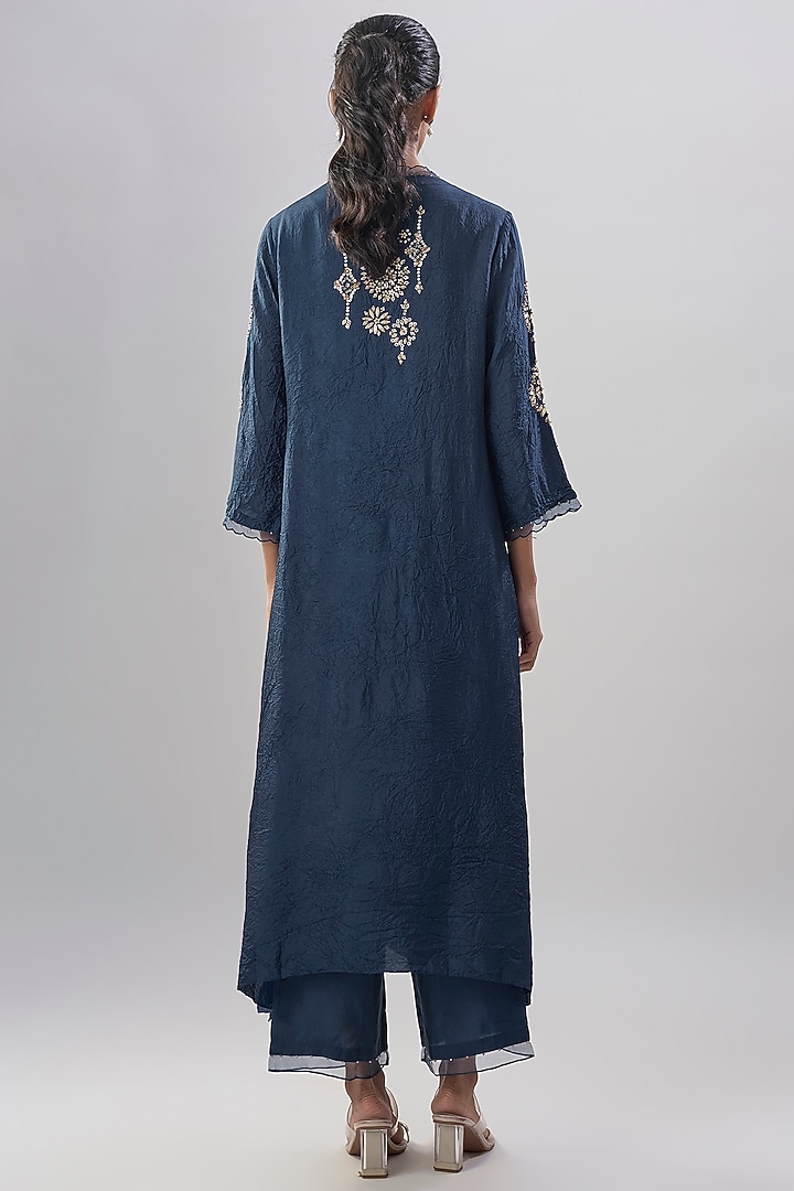 Navy Blue Silk Stone Embroidered Kurta Set by One not two at Pernia's Pop Up Shop