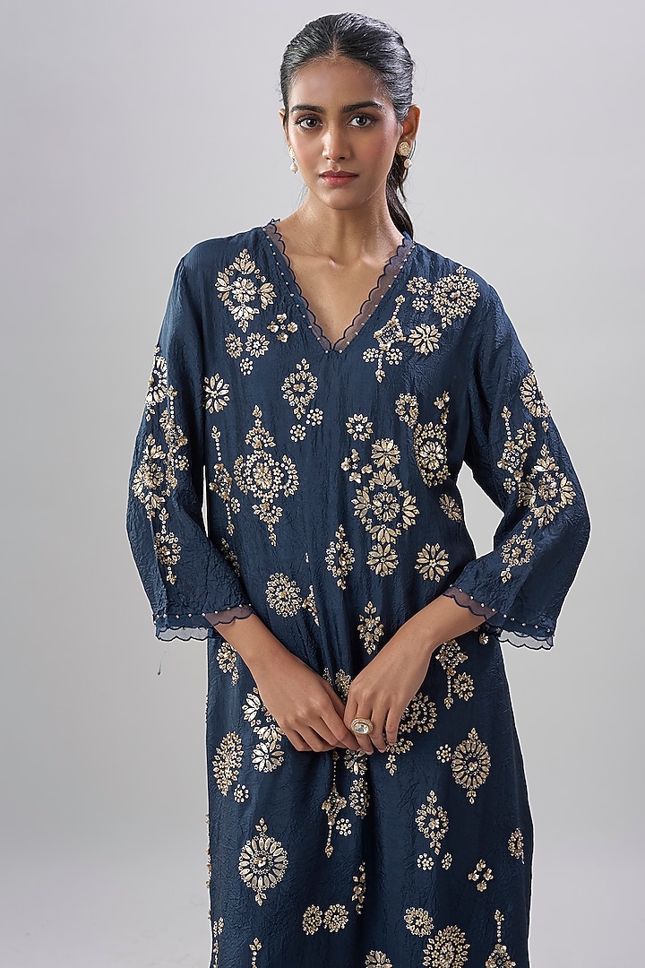 Navy Blue Silk Stone Embroidered Kurta Set by One not two at Pernia's Pop Up Shop