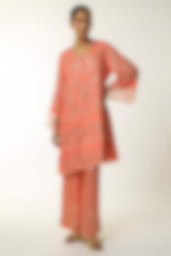 Orange Silk & Organza Thread Embroidered Kurta Set by One not two at Pernia's Pop Up Shop