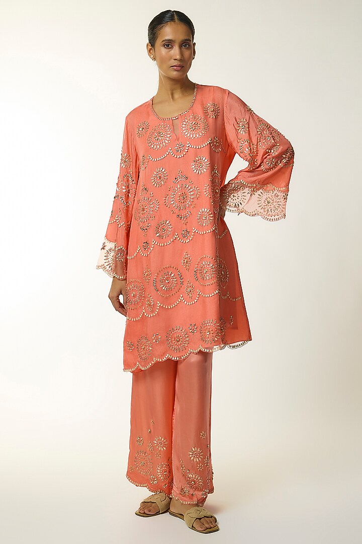Orange Silk & Organza Thread Embroidered Kurta Set by One not two at Pernia's Pop Up Shop