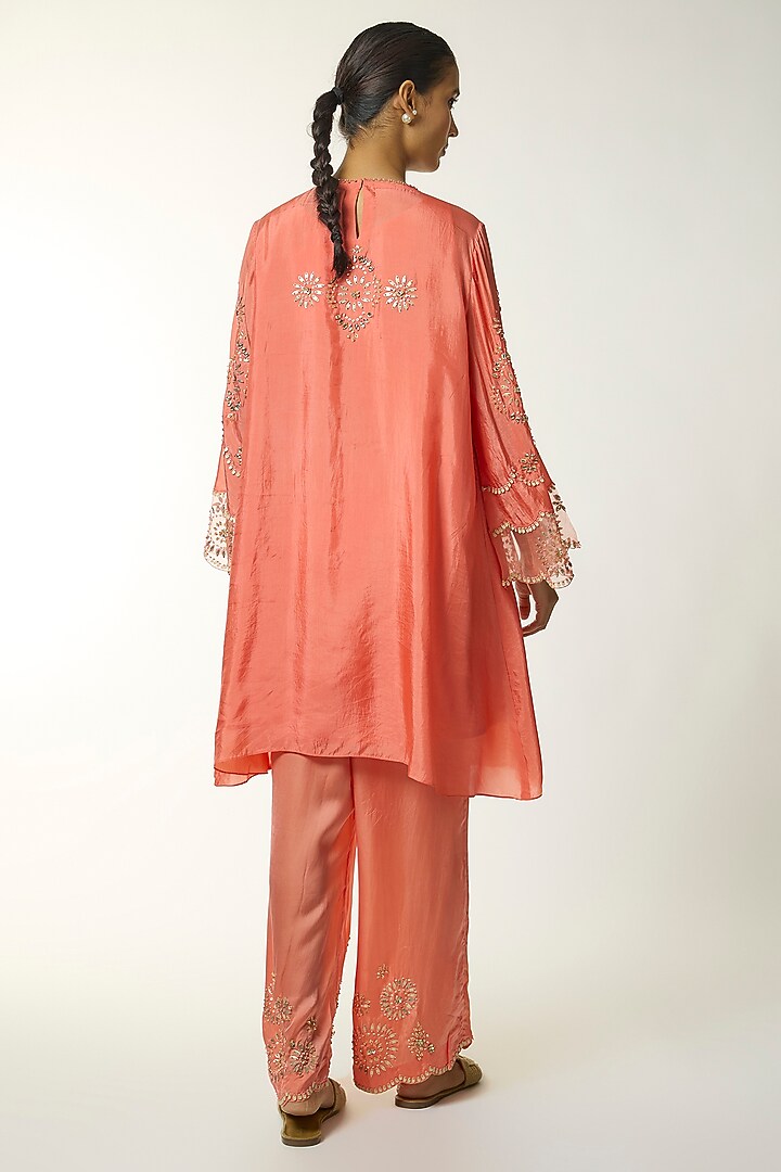 Orange Silk & Organza Thread Embroidered Kurta Set by One not two at Pernia's Pop Up Shop