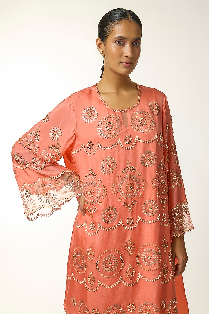 Orange Silk & Organza Thread Embroidered Kurta Set by One not two at Pernia's Pop Up Shop