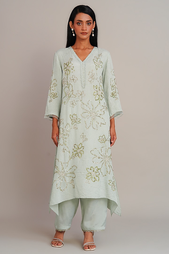 Opal Colored Silk Floral Hand Embroidered Kurta Set by One not two at Pernia's Pop Up Shop
