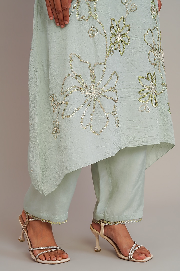 Opal Colored Silk Floral Hand Embroidered Kurta Set by One not two at Pernia's Pop Up Shop