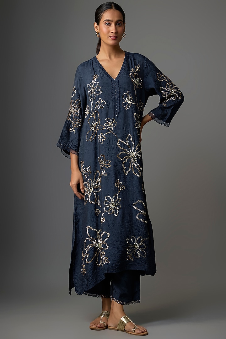 Navy Silk Floral Hand Embroidered Kurta Set by One not two at Pernia's Pop Up Shop