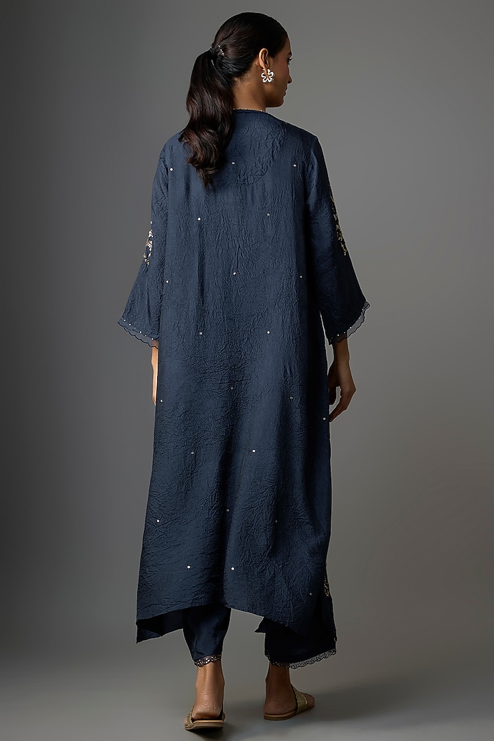 Navy Silk Floral Hand Embroidered Kurta Set by One not two at Pernia's Pop Up Shop