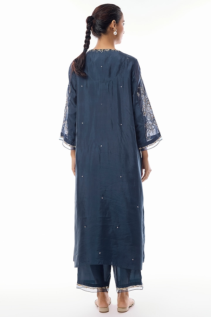 Navy Viscose Organza Floral Hand Embroidered Kurta Set by One not two at Pernia's Pop Up Shop