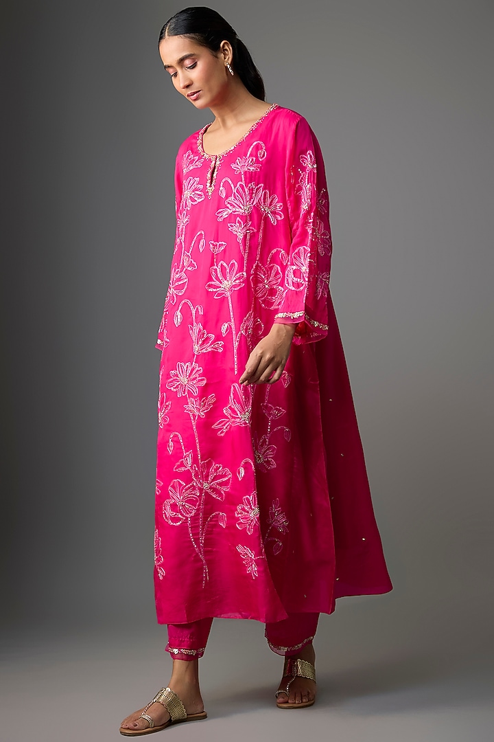 Hot Pink Viscose Organza Floral Hand Embroidered Kurta Set by One not two at Pernia's Pop Up Shop