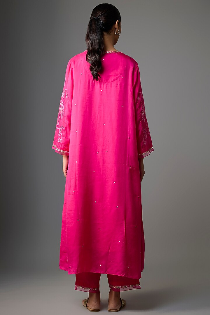 Hot Pink Viscose Organza Floral Hand Embroidered Kurta Set by One not two at Pernia's Pop Up Shop