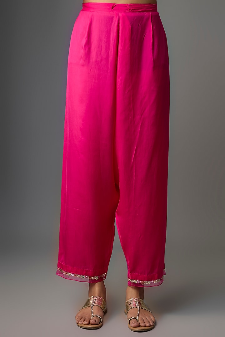Hot Pink Viscose Organza Floral Hand Embroidered Kurta Set by One not two at Pernia's Pop Up Shop