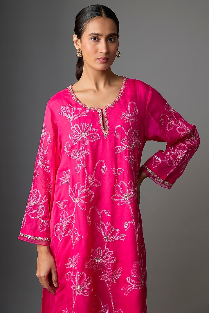Hot Pink Viscose Organza Floral Hand Embroidered Kurta Set by One not two at Pernia's Pop Up Shop