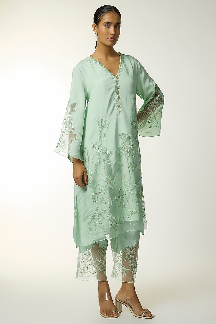 Opal Blue Silk Sequin Embroidered Kurta Set by One not two at Pernia's Pop Up Shop
