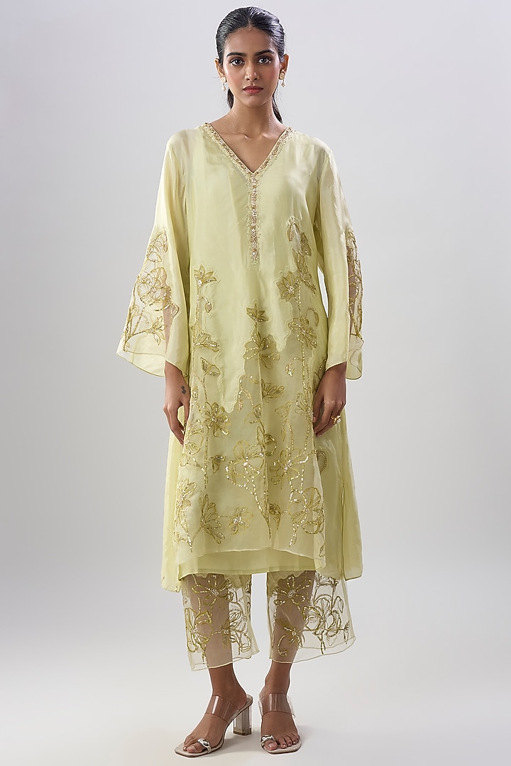 Aloe-Colored Silk Sequins Embroidered Kurta Set by One not two at Pernia's Pop Up Shop