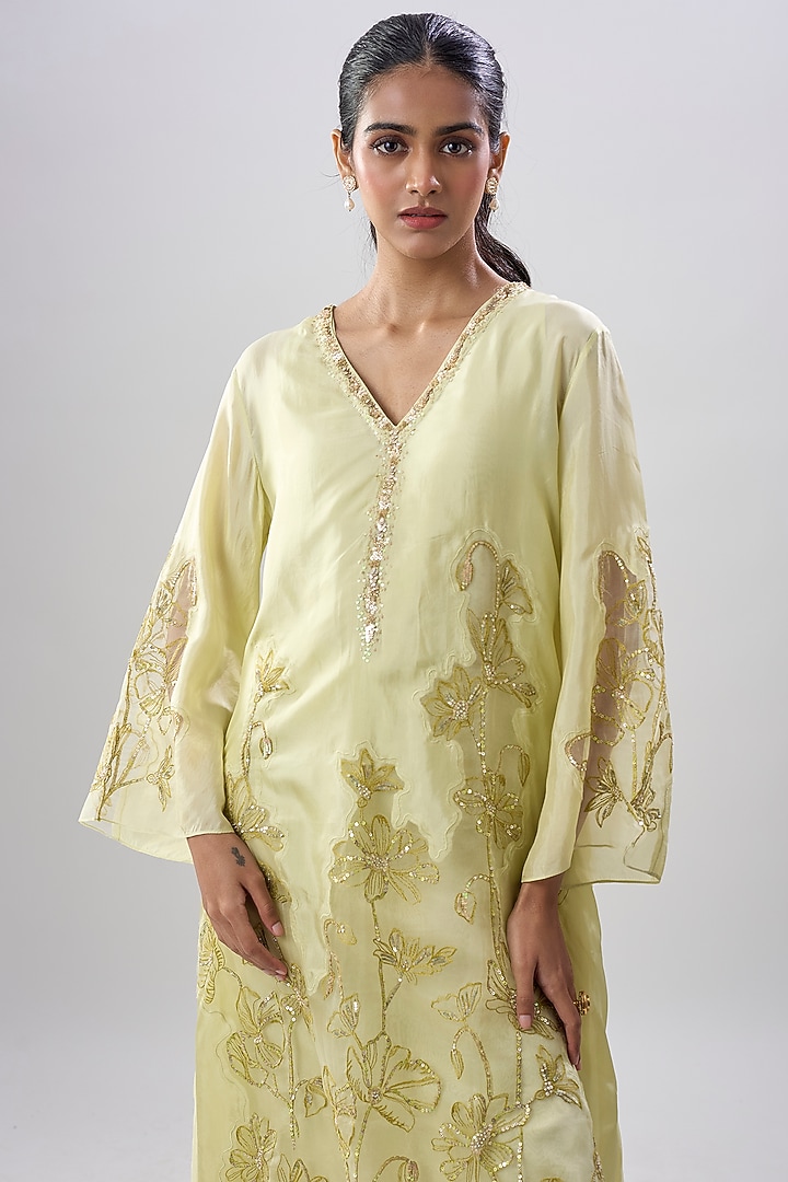 Aloe-Colored Silk Sequins Embroidered Kurta Set by One not two at Pernia's Pop Up Shop