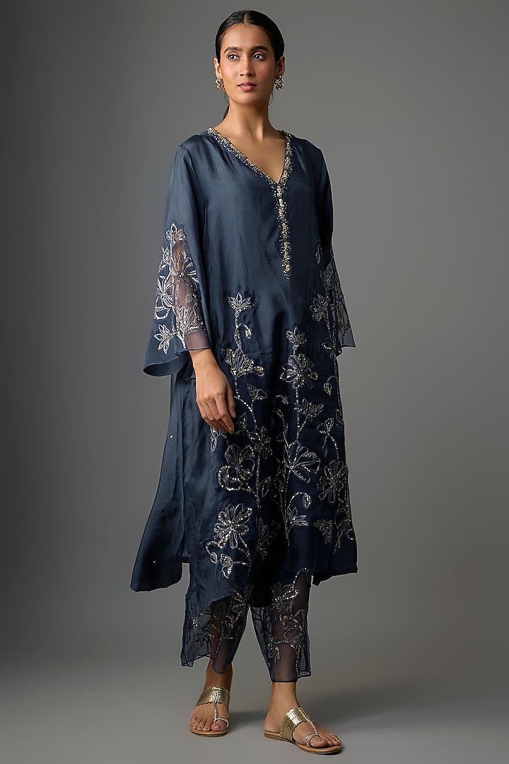Navy Silk Floral Thread Embroidered Kurta Set by One not two at Pernia's Pop Up Shop