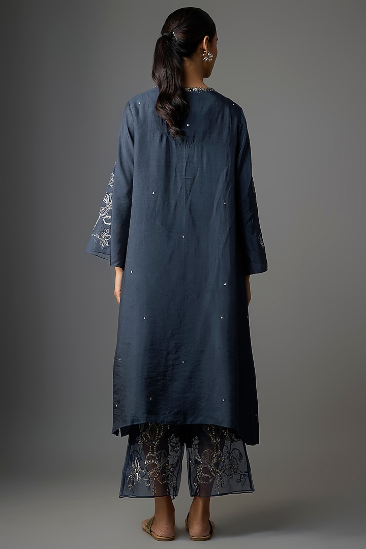 Navy Silk Floral Thread Embroidered Kurta Set by One not two at Pernia's Pop Up Shop
