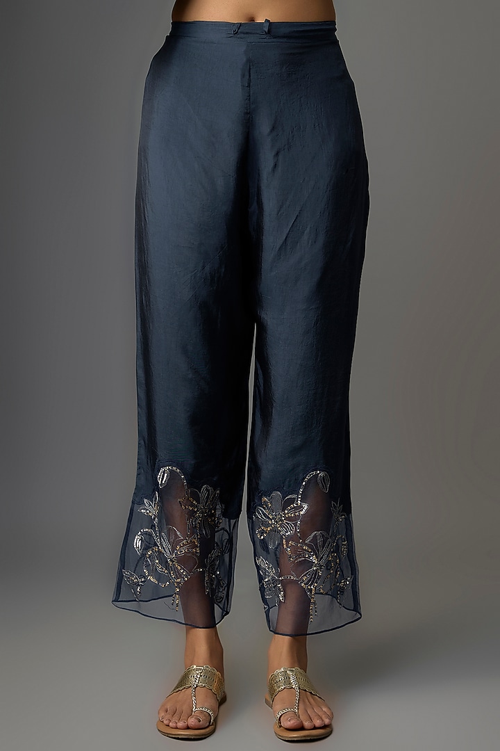Navy Silk Floral Thread Embroidered Kurta Set by One not two at Pernia's Pop Up Shop