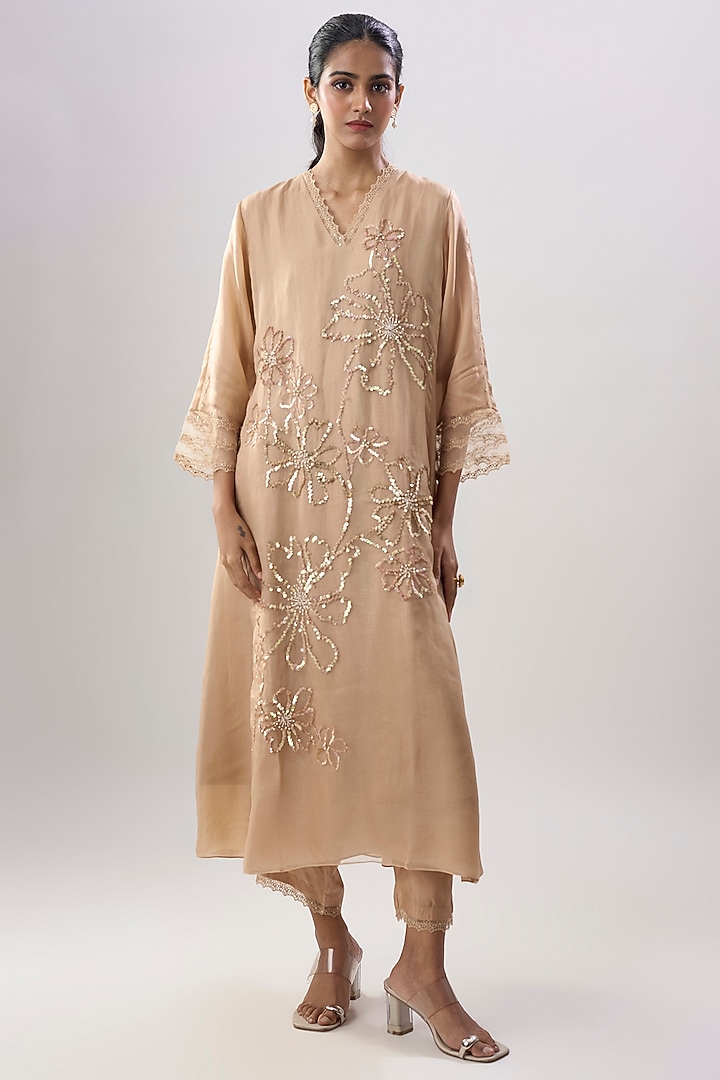 Gold Silk Floral Hand Embroidered Kurta Set by One not two at Pernia's Pop Up Shop