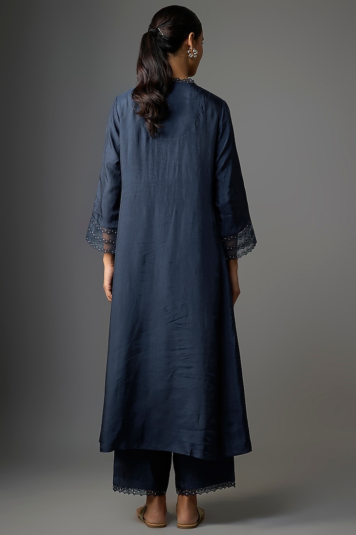 Navy Silk Floral Embroidered Kurta Set by One not two at Pernia's Pop Up Shop